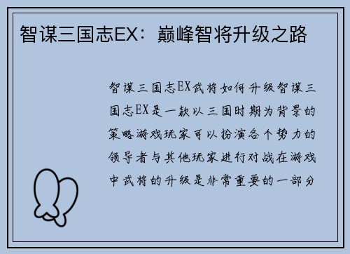 智谋三国志EX：巅峰智将升级之路